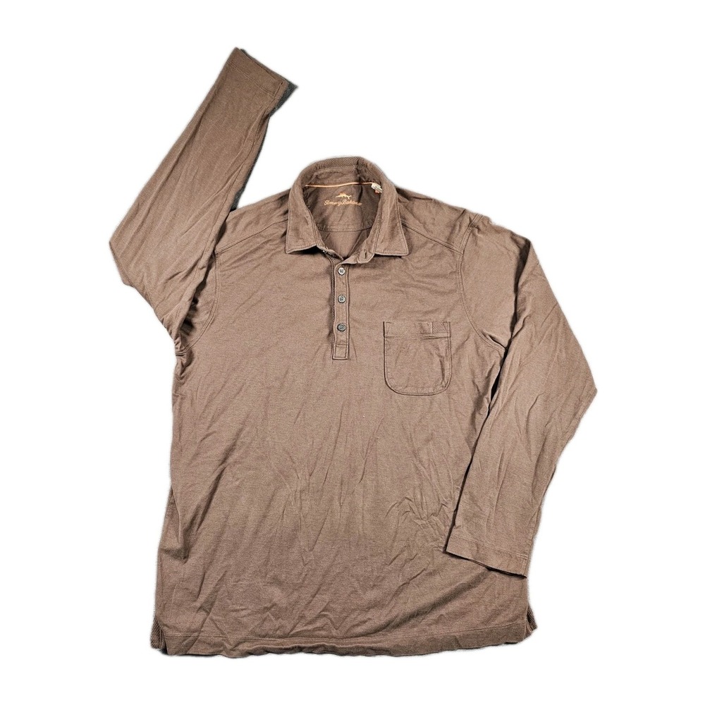 Tommy Bahama Men's Long Sleeve Polo Shirt Large Pima Cotton Modal Brown Pocket